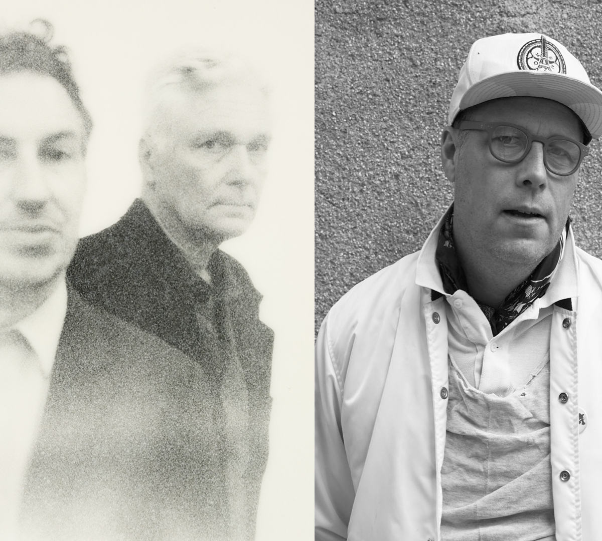 To the left: two men in a foggy picture. To the right: Man with a cap and classes, in black and white